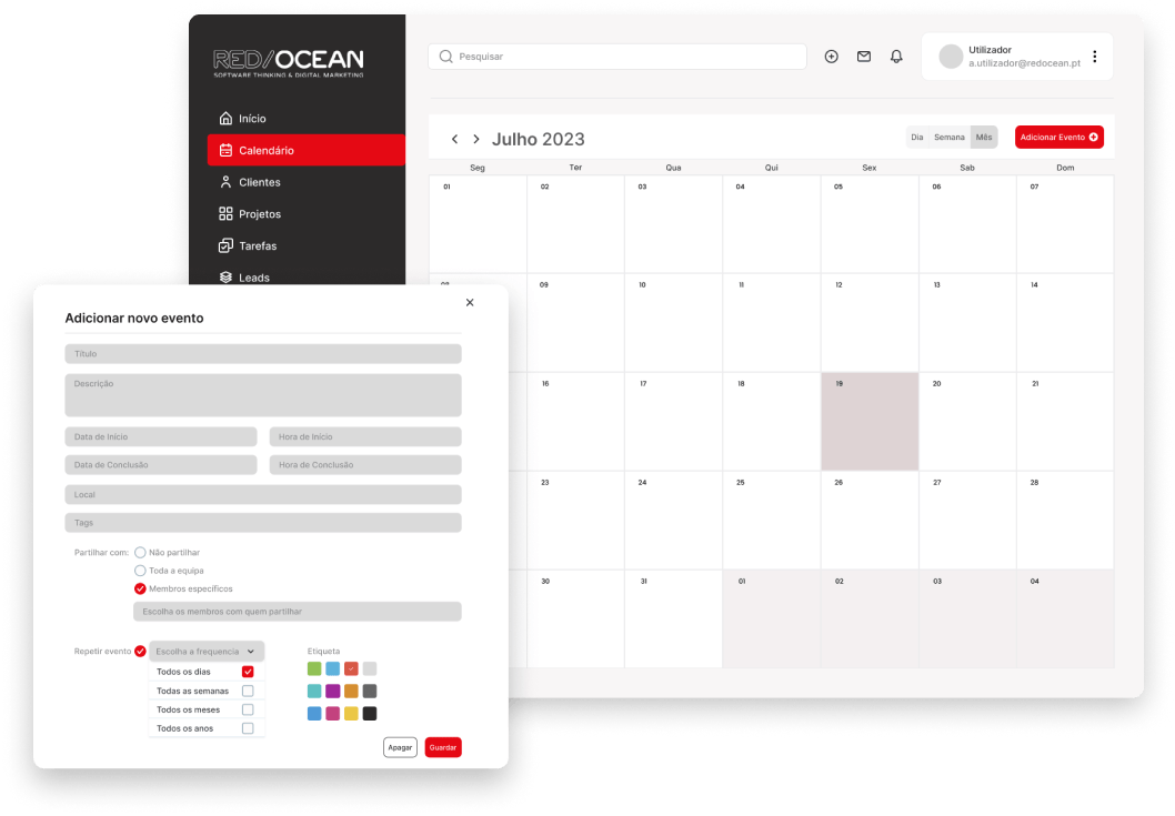 Ecrã do Calendário e adicionar novo evento do CRM - RedOcean
